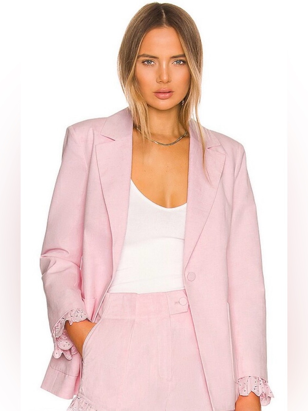 Anthropologie Fate Pink Linen Blend Blazer - Medium - Eyelet Cuff Detail